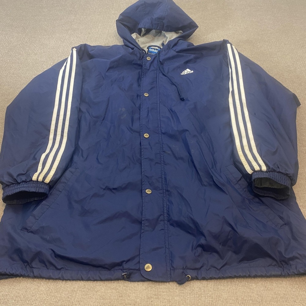 VTG Adidas Team Y2K Jacket Mens XL Blue Hooded Lined Full Zip Winter Windbreaker